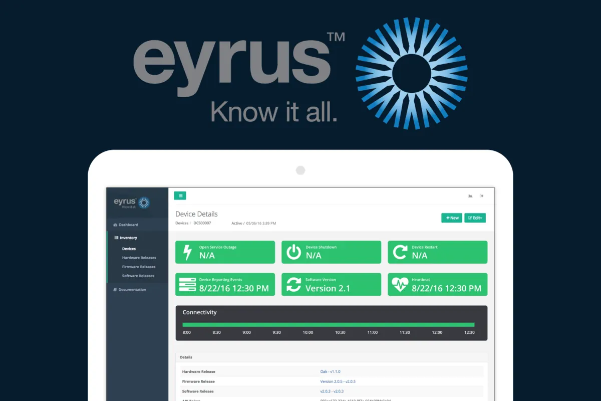 The Eyrus logo, Know it all, above an iPad showing a device dashboard, on navy.